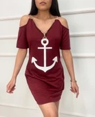 Fermuar Detay çıpa Baskılı Zincir Askılı Iki Iplik Elbise - Bordo thumbnail 4