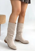 Pabucmarketi Bej Süet Körüklü Kadın Topuklu Çizme - 2