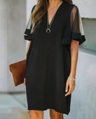 Kadın Tüllü Kısa Kollu V Yaka Krep Elbise thumbnail 1