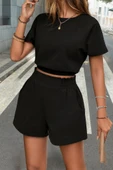 Kadın Kısa Kollu Yuvarlak Yakalı Ithal Keten Bluz Ve Short Ikili Takım thumbnail 3