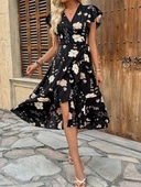 Kadın Kısa Kelebek Kollu Kruvaze Yakalı Belden Kuşaklı Midi Süprem Elbise thumbnail 1