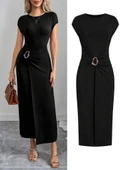 Kadın Yarım Ay Kollu Yuvarlak Yaka önünde Toka Detaylı Modal Maxi Elbise thumbnail 5