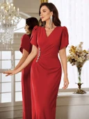 Kadın Kısa Kollu Kruvaze Yakalı Belden çiçek Aksesuarlı Yırtmaçlı Ithal Krep Elbise thumbnail 2