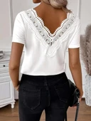 Kadın Kısa Kollu V Yakalı Arkası Dantelli Viskon Bluz thumbnail 4