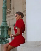 Kadın Atlas Kumaş Iç Astarlı Gizli Fermuarlı Inci Düğme Detaylı Mini Elbise thumbnail 9