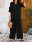 Kadın Kısa Kollu V Hakim Yaka Düğmeli Bürümcük Bluz Ve Pantolon Ikili Takım thumbnail 5