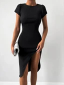 Kadın Kısa Kollu Bisiklet Yaka Derin Yırtmaçlı Kaşkorse Elbise thumbnail 5