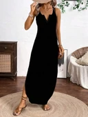 Kadın Askılı Yuvarlak Yaka Asimetrik Detaylı Viskon Elbise thumbnail 6