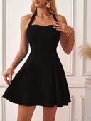 Kadın Boyundan Askılı Sırtı Açık Ithal Krep Mini Elbise thumbnail 7