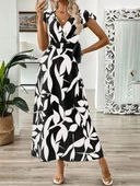 Kadın Kısa Kelebek Kollu Kruvaze Yaka Desenli Süprem Elbise thumbnail 2