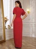 Kadın Kısa Kollu Kruvaze Yakalı Belden çiçek Aksesuarlı Yırtmaçlı Ithal Krep Elbise thumbnail 3