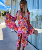 Kadın Göğüs Dekolteli Kolları Volan Detay Astarlı Tül Elbise thumbnail 5