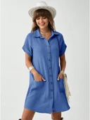 Kadın Cep Detay Müslin Kumaş Mini Gömlek Elbise thumbnail 3