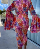 Kadın Göğüs Dekolteli Kolları Volan Detay Astarlı Tül Elbise thumbnail 6