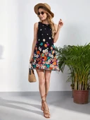 Kadın Sıfır Kollu Bisiklet Yaka çiçek Desenli Süprem Mini Elbise thumbnail 3