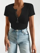 Kadın Beyaz Yaka Dantel Ve Fermuarlı Kaşkorse Bluz thumbnail 3