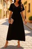 Kadın Kısa Kollu V Yakalı Beli Lastikli Uzun Viskon Elbise thumbnail 7