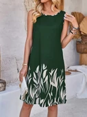 Kadın Askılı Yuvarlak Yakalı Yaprak Desenli Dalgıç Elbise thumbnail 3