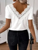 Kadın Kısa Kollu V Yakalı Arkası Dantelli Viskon Bluz thumbnail 1