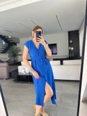 Kadınn V Yaka Düğme Detay Kuşak Dahil Elbise thumbnail 1