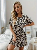 Kadın Kısa Kollu Bisiklet Yaka Leopa Desen Süprem Elbise thumbnail 3