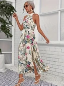 Kadın Omuzlardan Açık Halter Yakalı Yırtmaçlı çiçek Desenli Süprem Elbise thumbnail 2