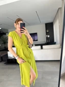 Kadınn V Yaka Düğme Detay Kuşak Dahil Elbise thumbnail 1