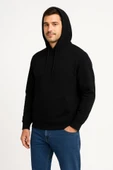 Erkek Üç İplik Kapüşonlu Kanguru Cepli SweatShirt Hoodie - Siyah thumbnail 1