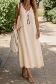 Kadın Kolsuz V Yakalı Maksi Boy Ithal Keten Elbise thumbnail 3