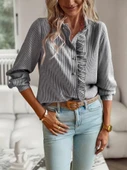 Kadın Uzun Kollu Fırfır Yakalı önden Düğmeli çizgili Burgu Gömlek thumbnail 5