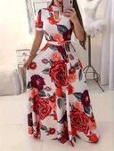 Kadın Kısa Kollu Pencere Detay Gül Baskılı Tam Boy Kiloş Elbise thumbnail 1