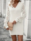 Kadın Uzun Kollu V Yakalı Mini Triko Elbise thumbnail 6