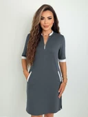 Kadın Kısa Kollu Yakadan Fermuarlı Cepli Yandan Yırtmaçlı Viskon Elbise thumbnail 3