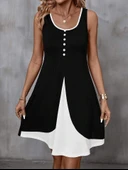 Kadın Askılı Yuvarlak Yaka önden Düğmeli çift Renkli Viskon Elbise thumbnail 7