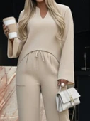 Kadın Uzun Kollu V Yakalı Keten Bluz Bağcıklı Pantolon Ikili Takım thumbnail 7