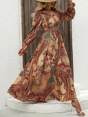 Kadın Uzun Kollu V Yakalı Beli Lastikli Desenli Süprem Elbise thumbnail 5