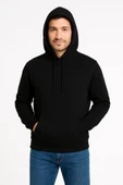 Erkek Üç İplik Kapüşonlu Kanguru Cepli SweatShirt Hoodie - Siyah thumbnail 2