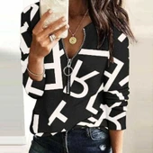 Kadın Uzun Kollu önden Fermuarlı Harf Baskılı şardonlu Dalgıç Bluz thumbnail 3