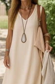 Kadın Kolsuz V Yakalı Maksi Boy Ithal Keten Elbise thumbnail 2