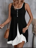 Kadın Askılı Yuvarlak Yaka önden Düğmeli çift Renkli Viskon Elbise thumbnail 3