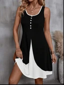 Kadın Askılı Yuvarlak Yaka önden Düğmeli çift Renkli Viskon Elbise thumbnail 6