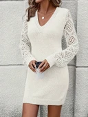 Kadın Uzun Kollu V Yakalı Mini Triko Elbise thumbnail 1