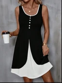 Kadın Askılı Yuvarlak Yaka önden Düğmeli çift Renkli Viskon Elbise thumbnail 5