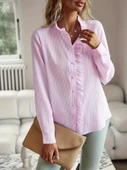 Kadın Uzun Kollu Fırfır Yakalı önden Düğmeli çizgili Burgu Gömlek thumbnail 3