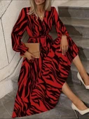 Kadın Uzun Kollu Kruvaze Yakalı Kuşaklı Zebra Desenli Süprem Maxi Elbise thumbnail 1