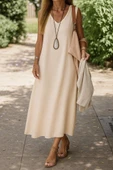Kadın Kolsuz V Yakalı Maksi Boy Ithal Keten Elbise thumbnail 1