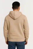 Erkek Üç İplik Kapüşonlu Tam Fermuarlı Kanguru Çepli SweatShirt Hoodie - Bej thumbnail 2