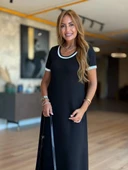 Kadın Kısa Kollu Yuvarlak Yaka Yandan Yırtmaçlı Midi Viskon Elbise thumbnail 3