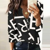 Kadın Uzun Kollu önden Fermuarlı Harf Baskılı şardonlu Dalgıç Bluz thumbnail 1