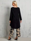 Kadın Uzun Kollu Bisiklet Yaka Asimetrik Kesim Detaylı Viskon Bluz Ve çiçek Desenli Iki Iplik Pantolon thumbnail 5